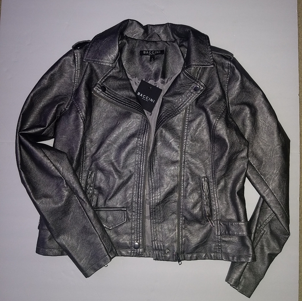 Baccini Faux Leather Moto Jacket Size S NWT Gray